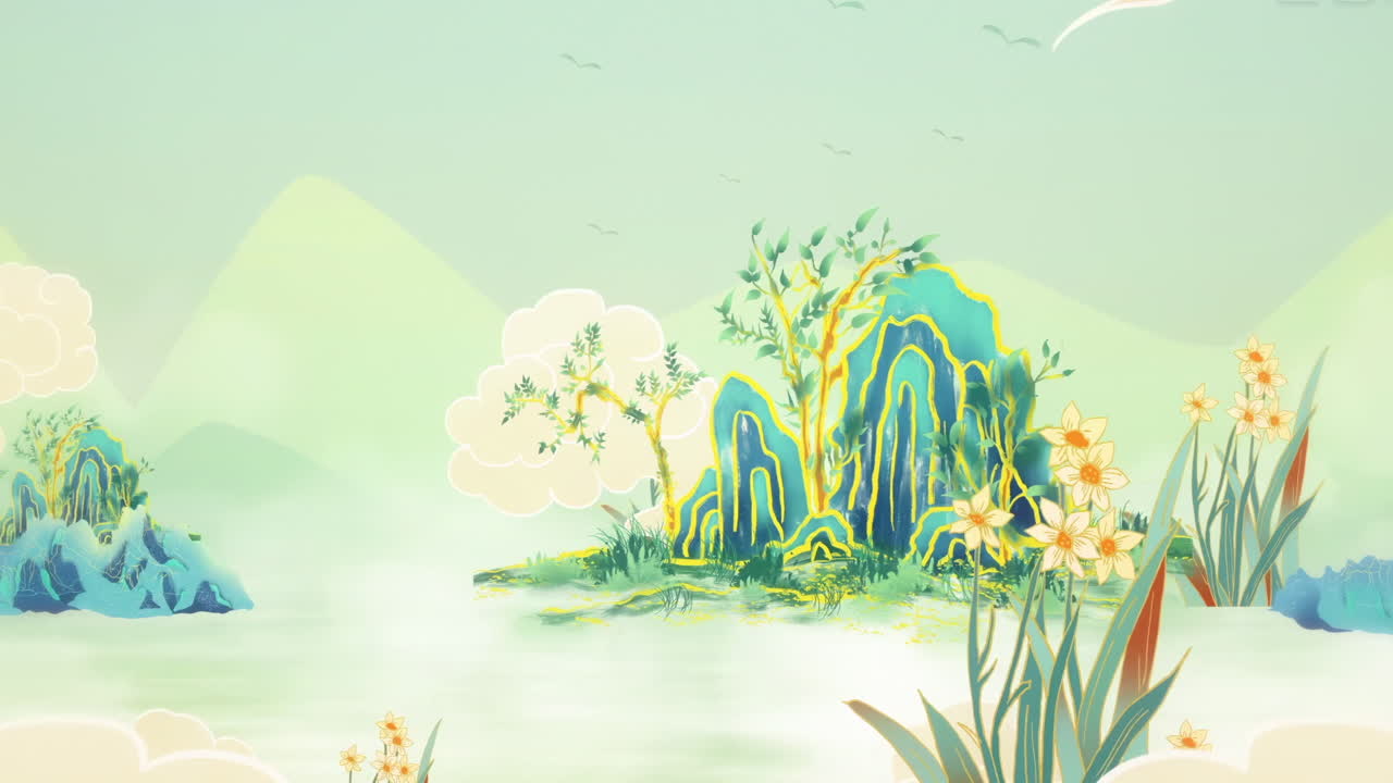 Mysterious landscape China's traditional Oriental Digital Art animation, Chinese retro painting ink misty mountain with flowers, tree, birds, river in fog background