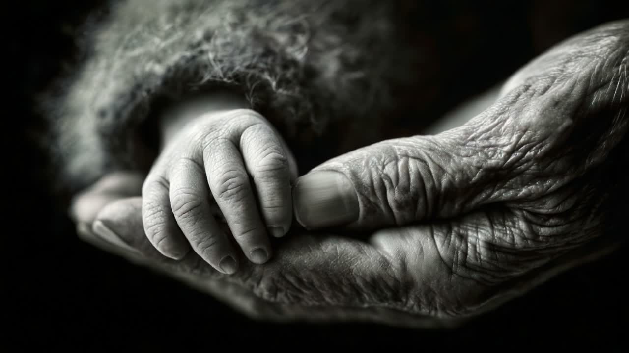 A Profound Connection Between Generations: An Intimate Moment Captured as an Elderly Hand Gently Supports a Small Child's Hand, Symbolizing Love, Care, and Continuity in Life