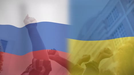 animation of flag of ukraine and russia over hands of diverse protesters