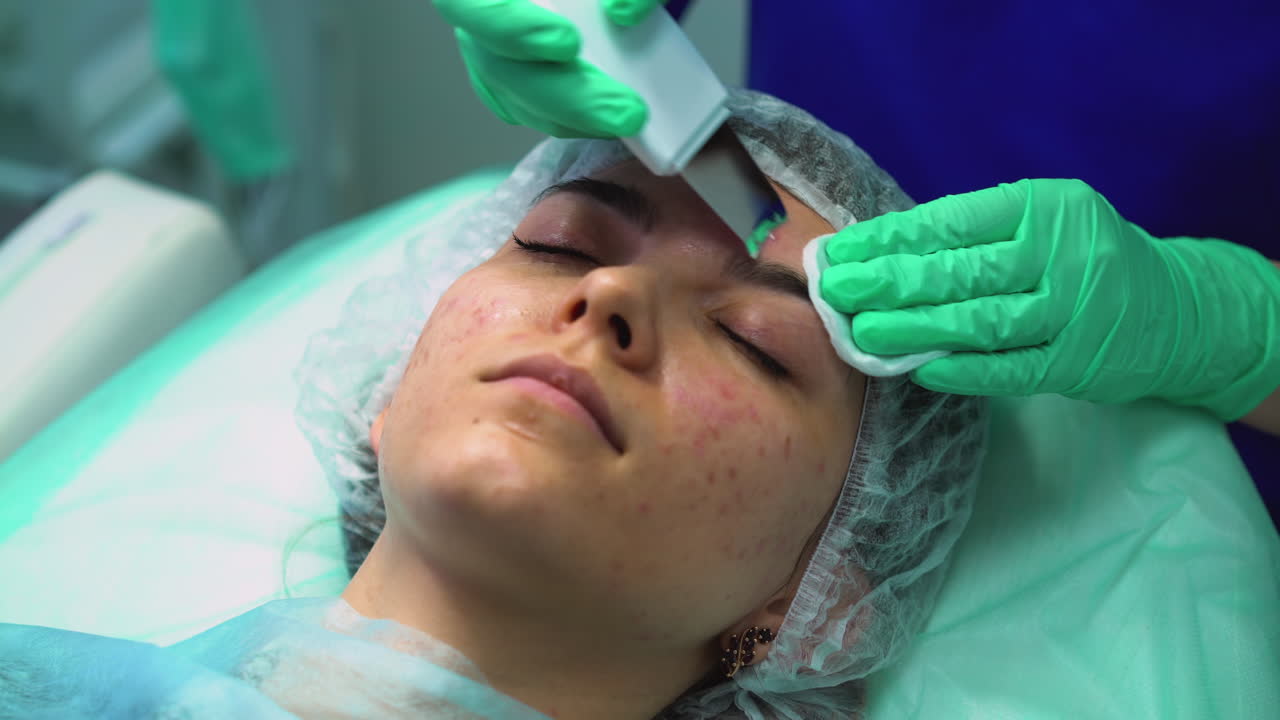 cosmetóloga limpia la piel de un joven cliente en un salón de cosméticos