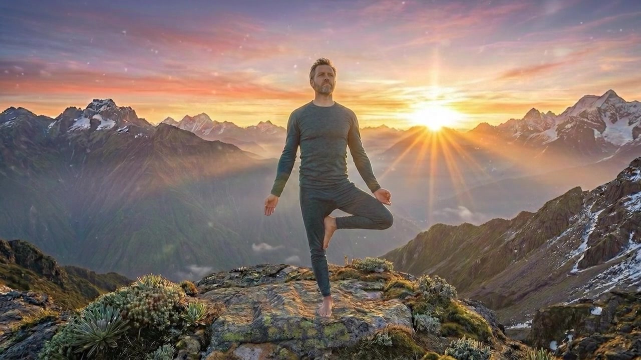 Persona che pratica esercizi di yoga all'aperto all'alba in un paesaggio montano e forestale
