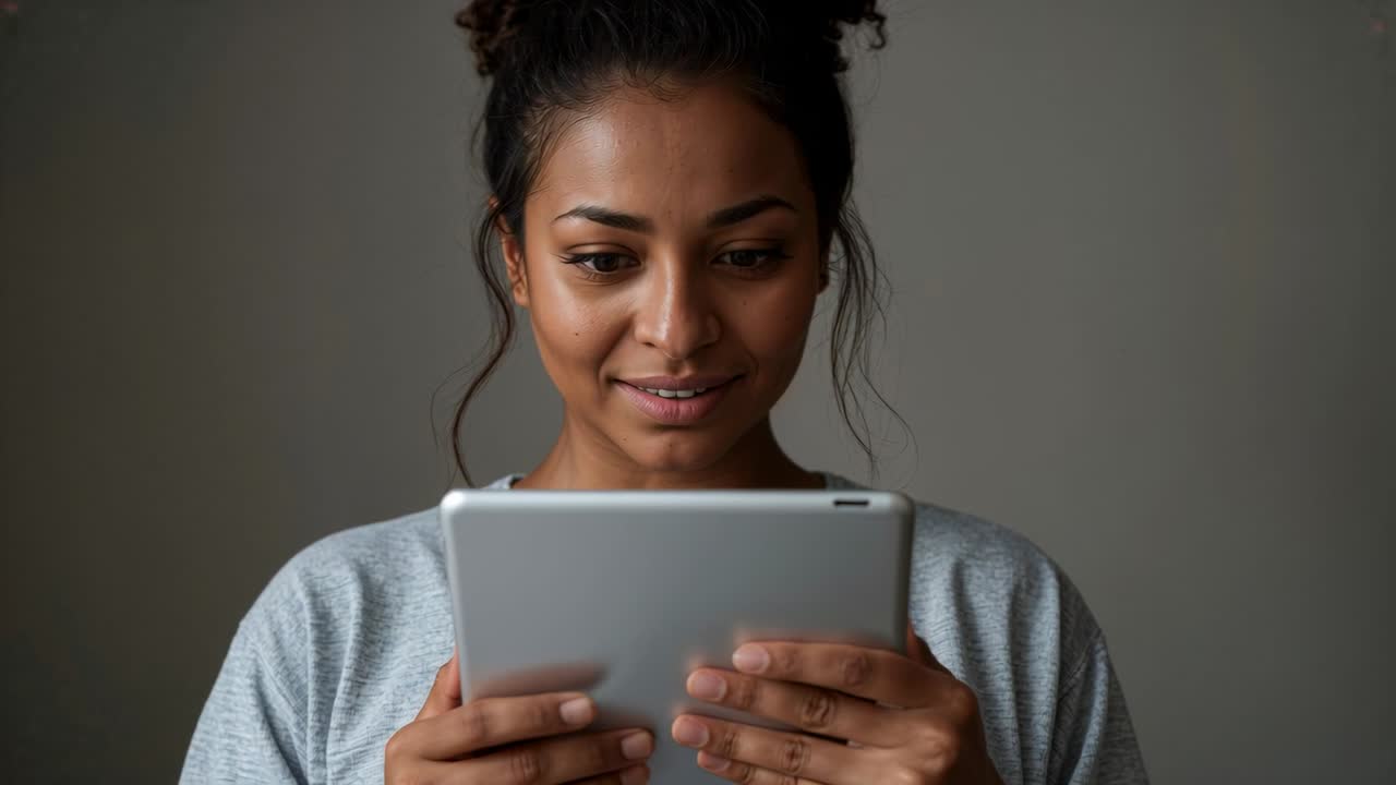 Woman holding tablet, glancing down and tapping screen, checking app while tech overlays appearing