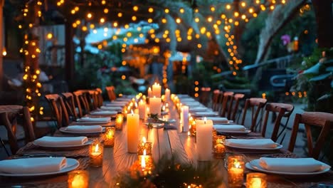 a long table set for a dinner party with candles and lights