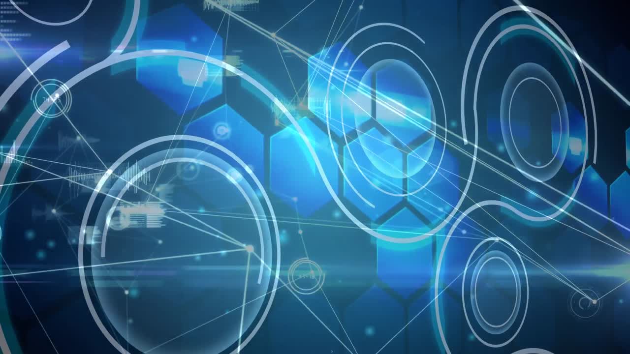 파란색 디지털 화면에 연결과 다양한 데이터의 애니메이션