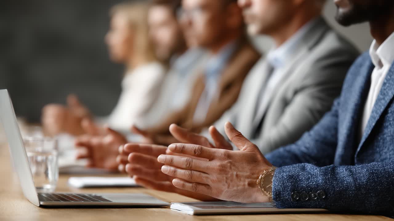 A group of professionals engaged in a presentation, demonstrating active listening and applause. A meeting or conference setting showcasing teamwork and collaboration
