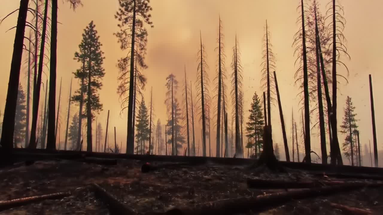 Stark Images of a Charred Landscape: The Aftermath of a Forest Fire, Showcasing Charred Trees and a Smoky Atmosphere from Two Distinct Frames