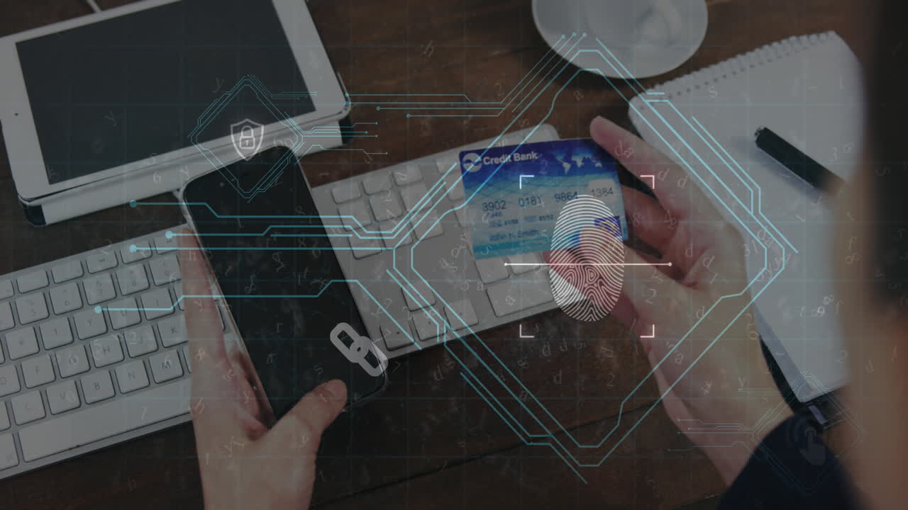 цифровой интерфейс безопасности против лица, имеющего смартфон и кредитную карту