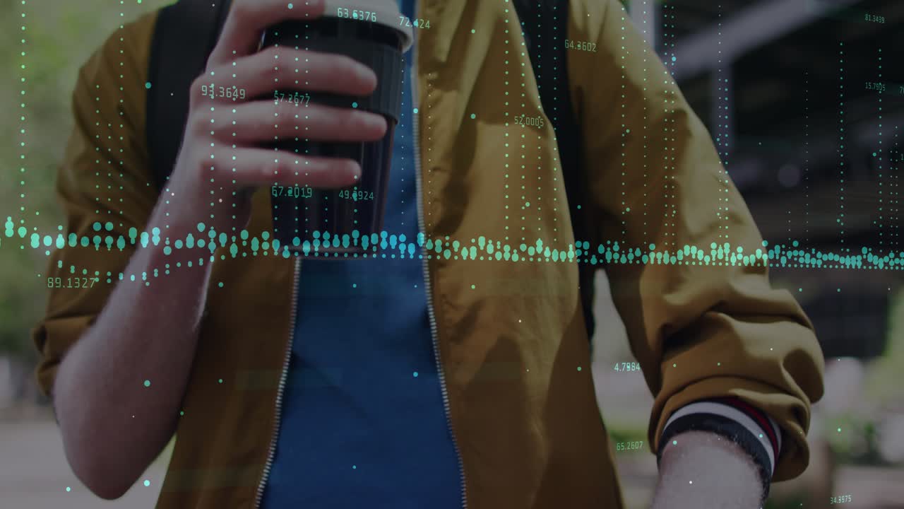 Man entering and checking watch while commuting, sipping coffee, data overlaying midline education