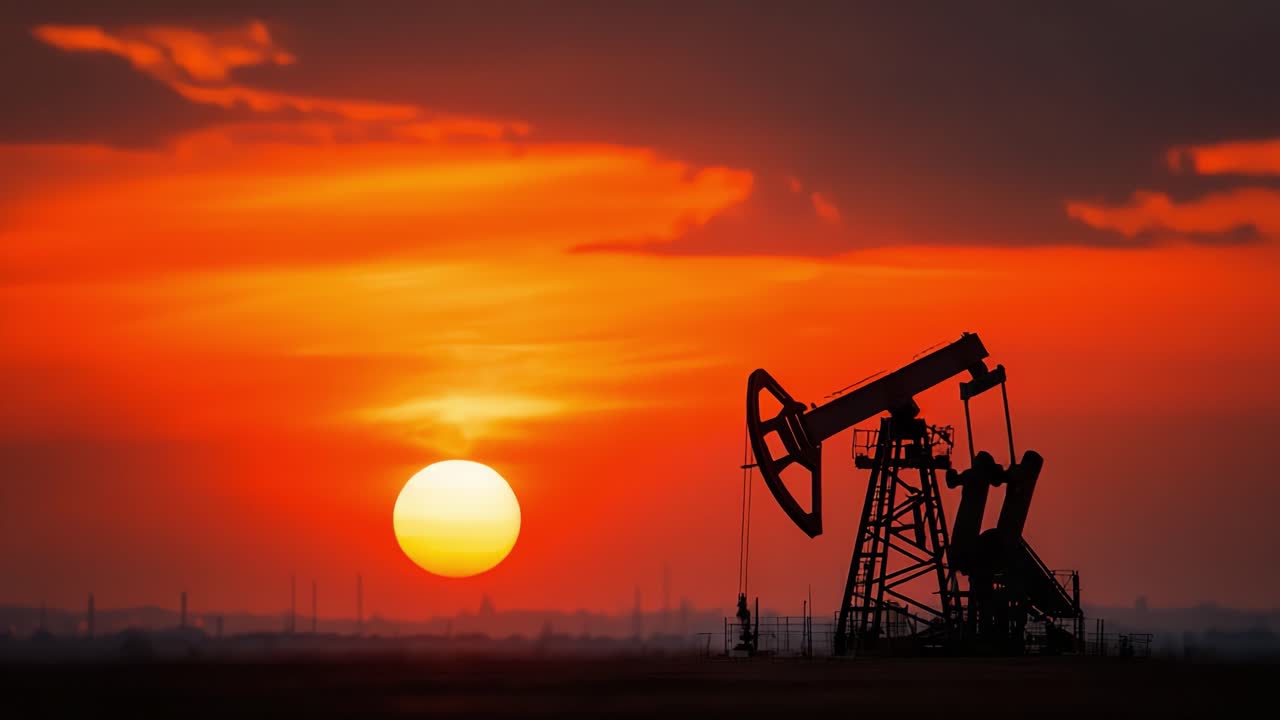 Un impresionante atardecer sobre una bomba de balancín de petróleo: explorando la intersección de la belleza natural y el paisaje industrial