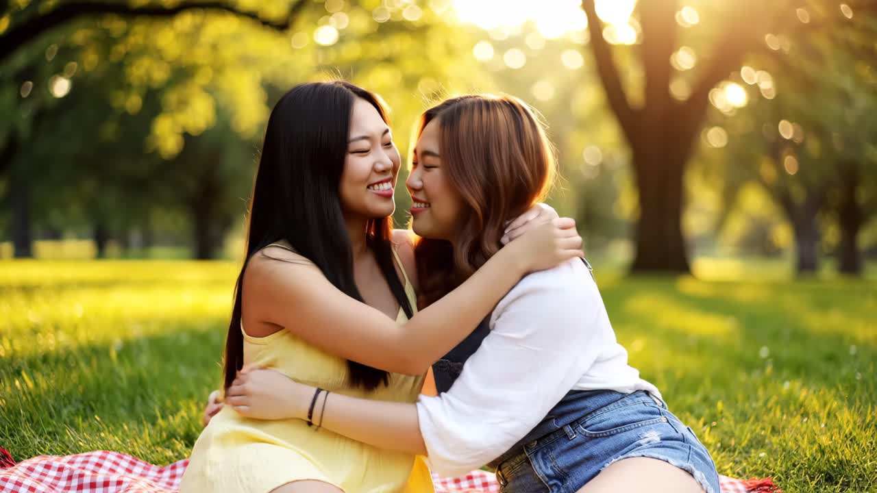 두 명의 젊은 여성들이 공원에서 피크닉을 즐기고 있습니다.