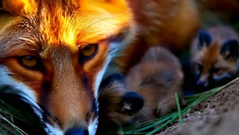 a mother fox is laying down with her babies