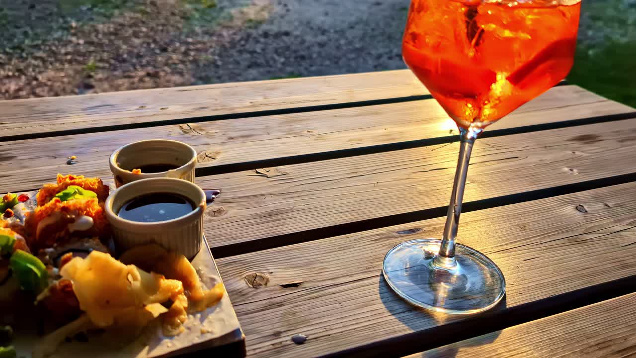 Platter Of Sushi With Dipping Sauces And Glass Of Refreshing Drink On The Side. - closeup shot