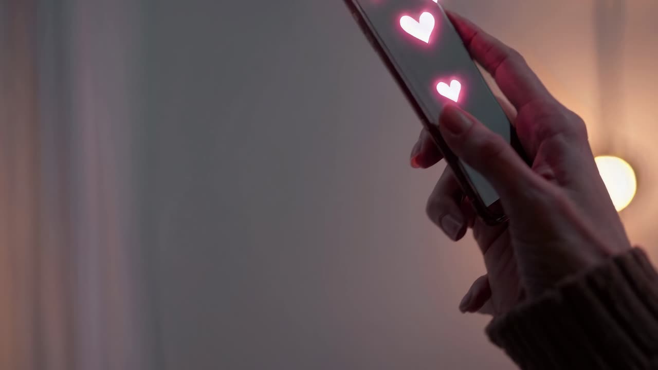 Persona usando el teléfono con corazones brillantes en la pantalla