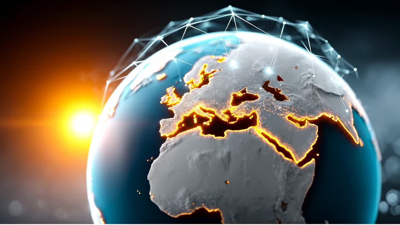 Earth's connections in light. The globe shows Europe and Asia with glowing lines and light effects highlighting connections across the land and sea