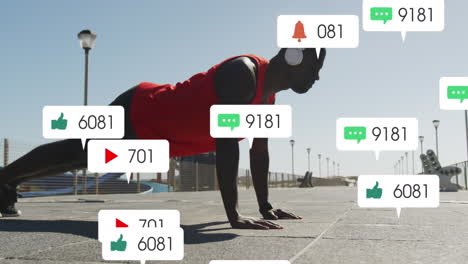 animation of notification bars over african american athlete wearing headphones and doing push ups