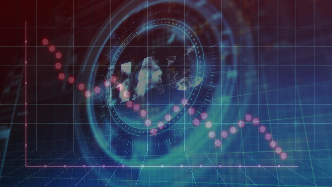 Holographic map rotating in 3D interface, showing HUD rings and pink points connecting trend line