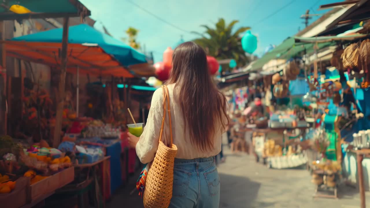 Um vídeo vibrante de uma cena de mercado, capturado por trás na altura dos olhos, mostrando barracas coloridas