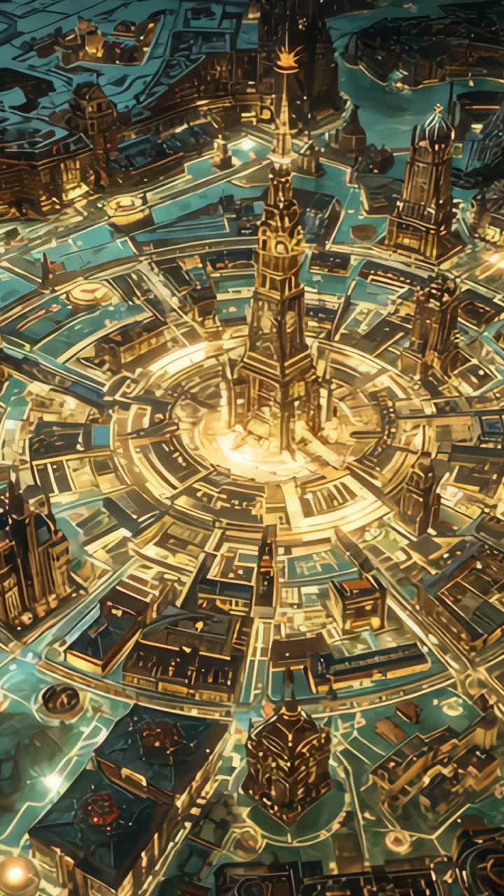 Vertical video: Rotating camera over golden spire, unfolding plaza rings and radial roads