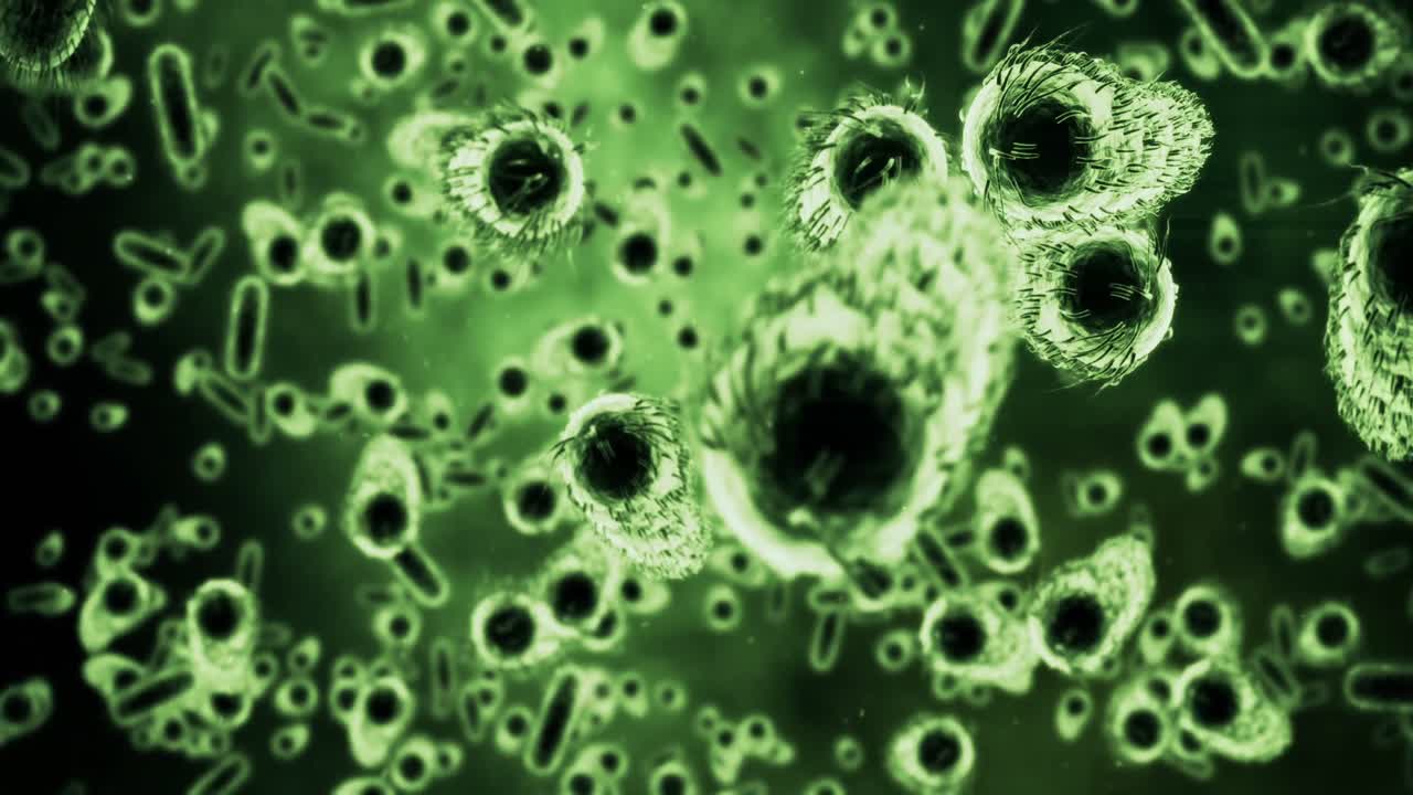 цифровые генерируемые клетки бактерий, протекающие на зеленом фоне