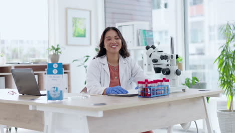 Happy-face-of-scientist-woman-in-office-with-blood