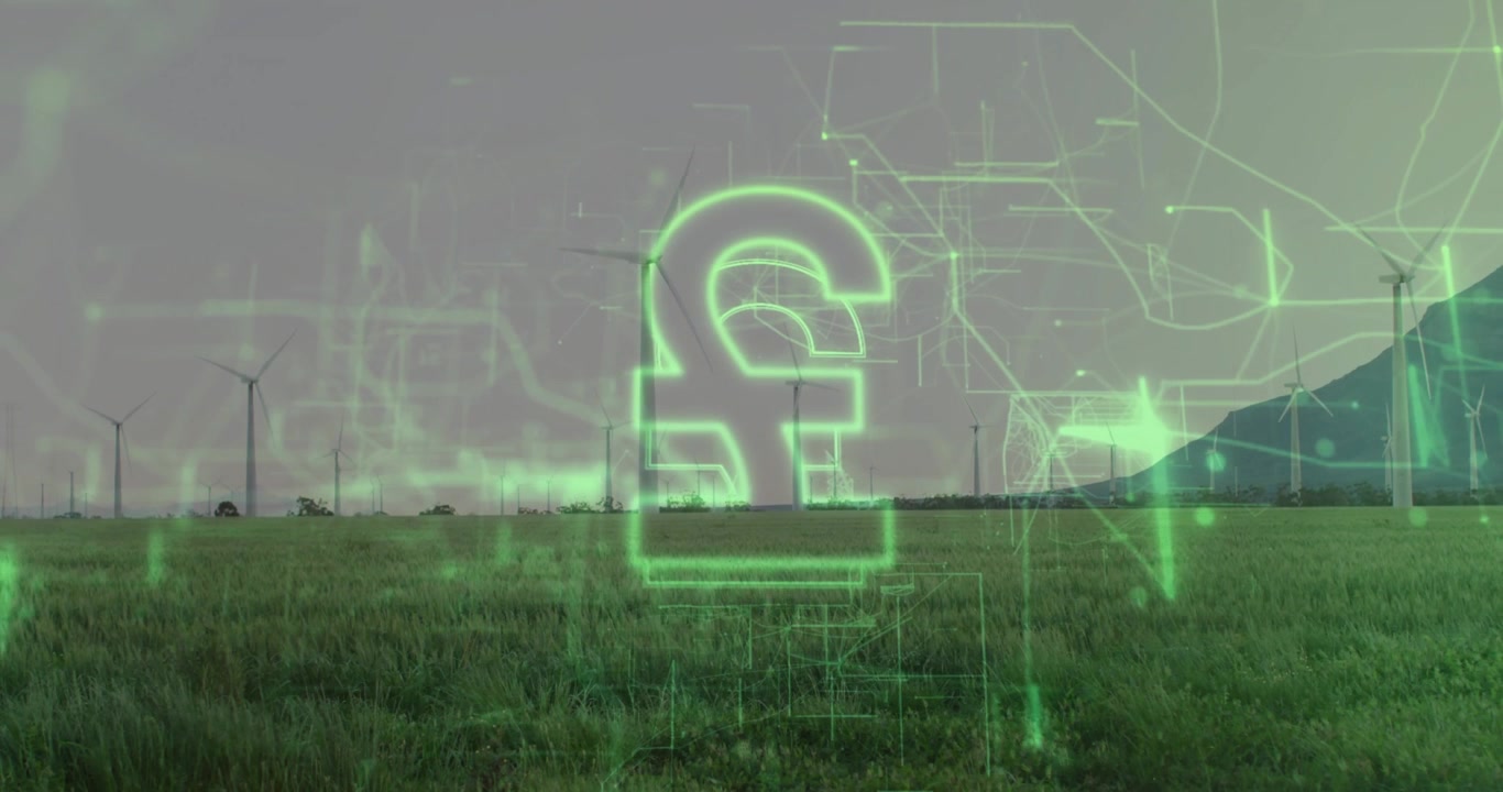 Griglia verde neon che sfarfalla sopra le turbine, avviando il simbolo della sterlina che forma circuiti per la rete finanziaria.