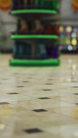 empty supermarket aisle with green shelves