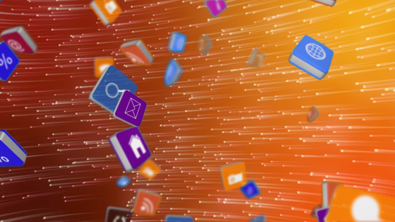 animación de senderos blancos e iconos de medios en fondo rojo