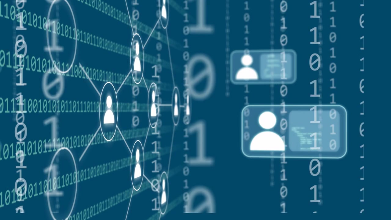 Binary streams starting avatars glowing and linking, profile cards sliding closer, forming groups