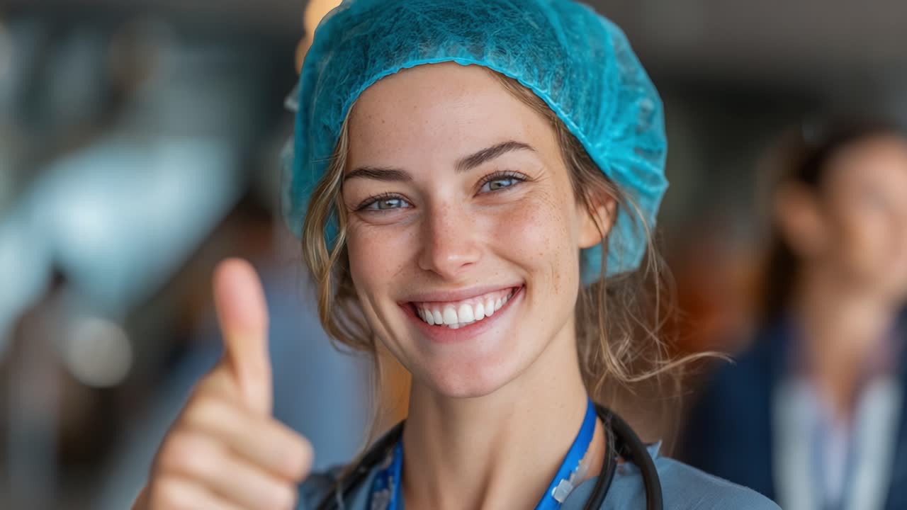 A Cheerful Medical Professional Gives a Thumbs Up in a Hospital Setting, Radiating Positivity and Commitment to Healthcare Excellence