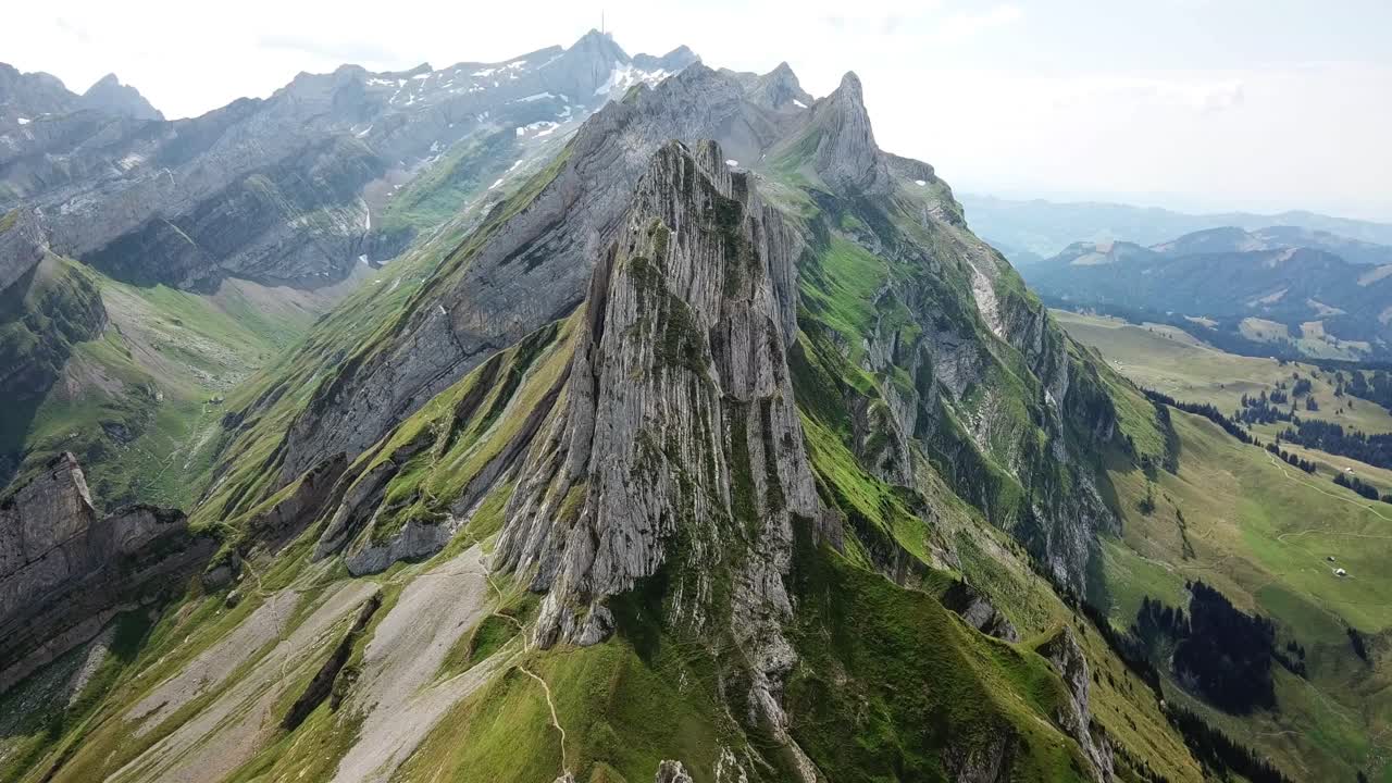 Drone footage of the steep ridge in Schäfler, Alpstein, in the Apenzell Canton in Switzerland