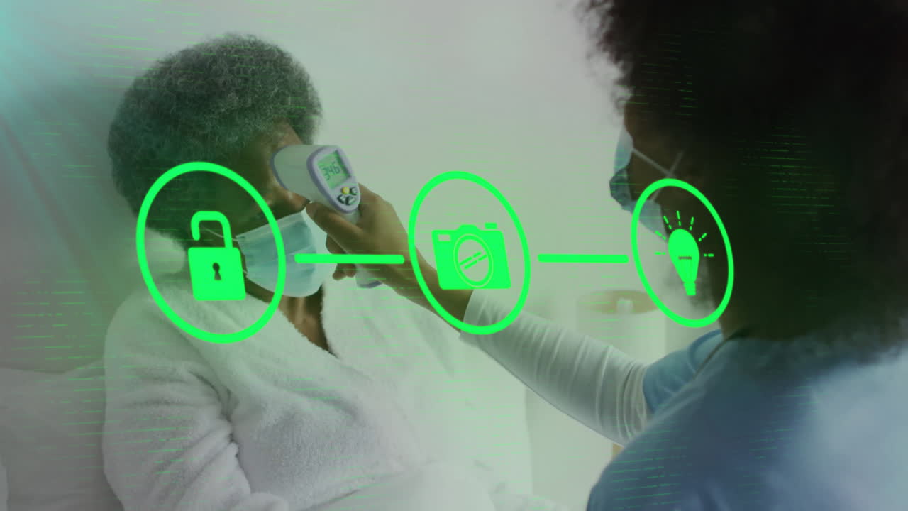 Healthcare worker checking patient temperature in room with floating padlock camera lightbulb icons
