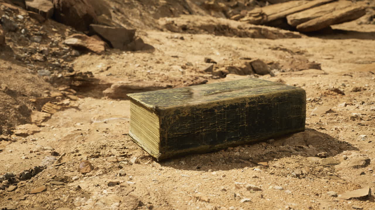 Ancient book lying on sandy terrain under natural sunlight in desert