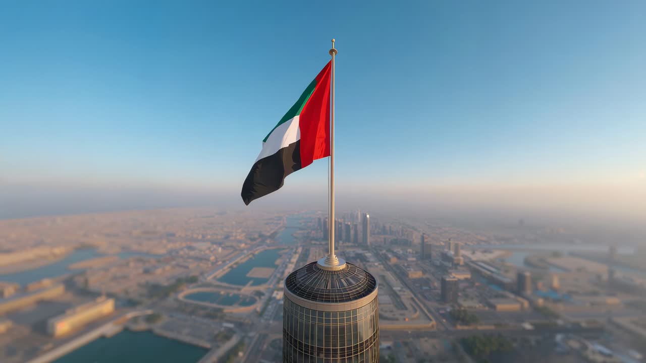 Fluttering UAE flag shifting under steady wind on tall pole above tower roof, camera panning slowly