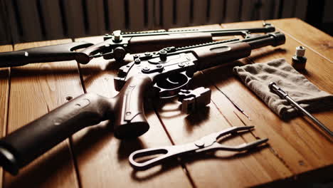 disassembled rifles and cleaning tools on wooden table