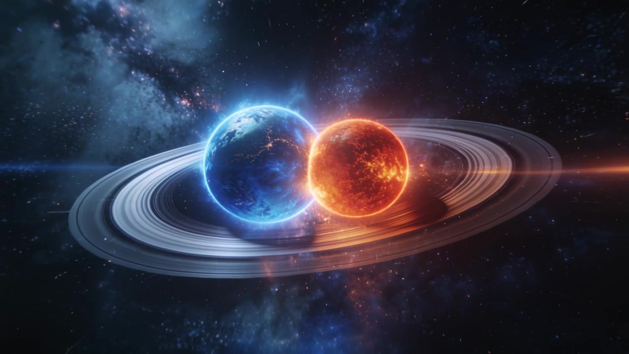 La telecamera si allontana, una coppia di sfere blu e arancioni si toccano e si illuminano, rivelando una struttura ad anello.