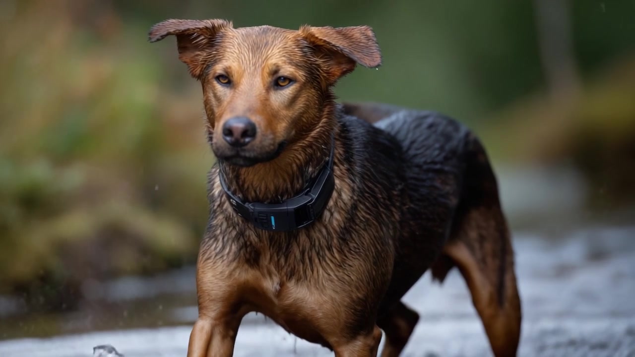 Um cão brincalhão espirrando alegremente na água, exibindo seu espírito enérgico e natureza aventureira em um cenário vibrante ao ar livre com vegetação exuberante.