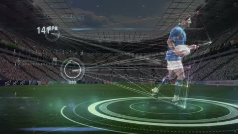 animación de la cadena de adn y procesamiento de datos sobre un jugador de rugby en un estadio deportivo