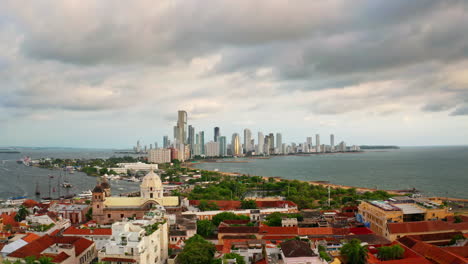 Aerial-drone-view-of-the-old-town-of-Cartagena-de-Indias-in-Colombia