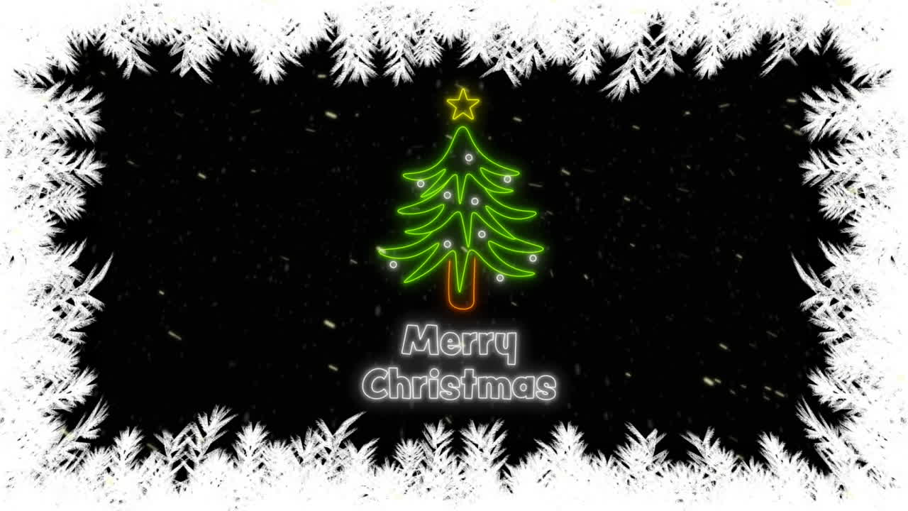 눈이 내리고 소나무 위에 네온 메리 크리스마스 텍스트의 애니메이션