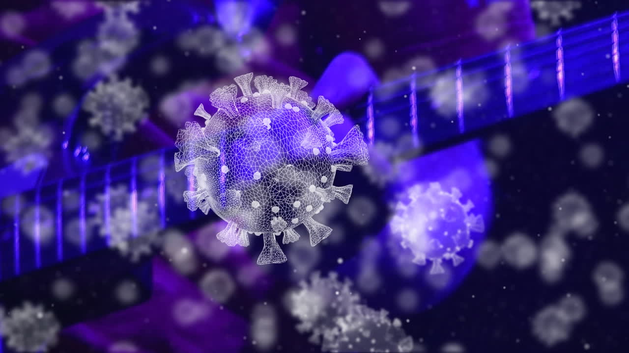 video compuesto digital de células de covid-19 moviéndose contra la sección media de un hombre tocando guitarra eléctrica