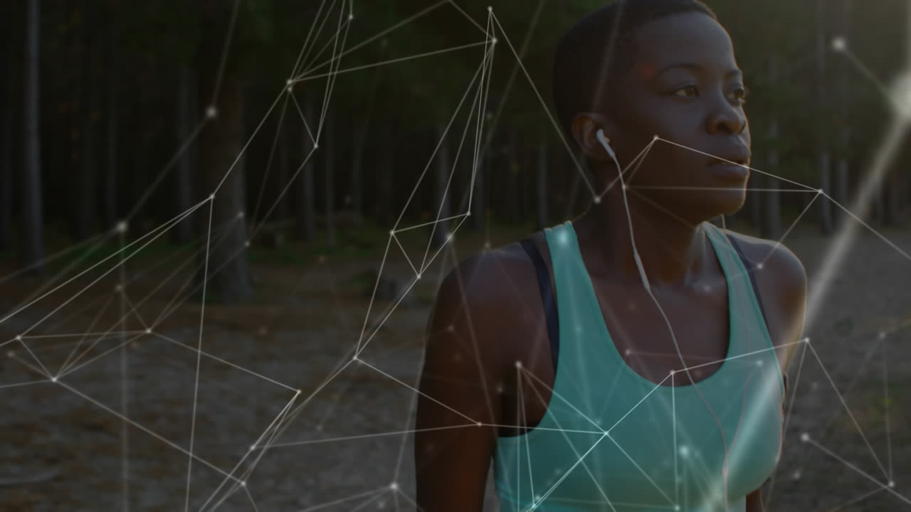 Animation of network of connections over woman stretching exercising in forest