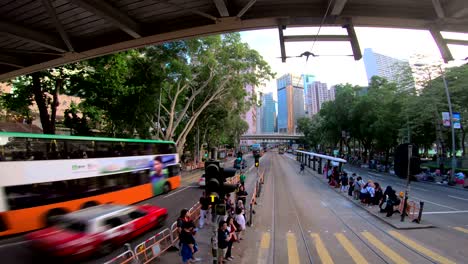 view of hong kong city busy streets from tramways