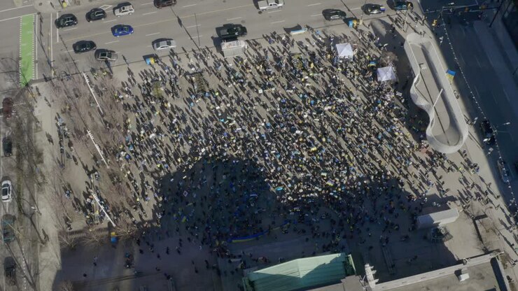 Crowd Of People At The Vancouver Art Gallery Plaza During Pro-Ukrainian Rally In British Columbia, Canada
