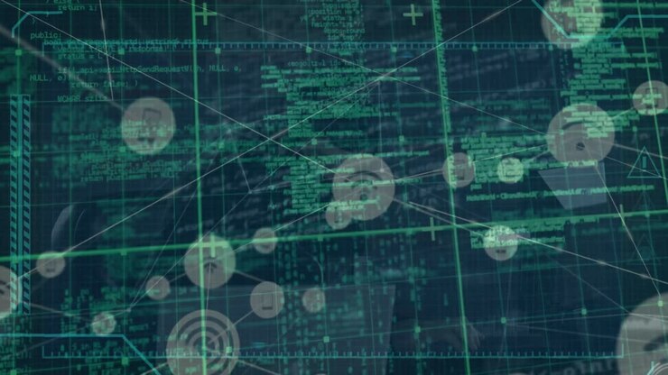 Animation of digital interface and network of connections over hacker