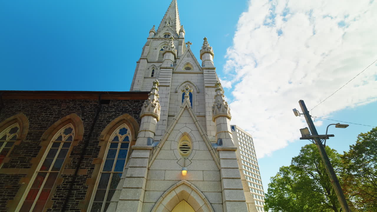 Panoramic view of the facade of Saint Mary0s Cathedral in Halifax, Nova Scotia, Canada.