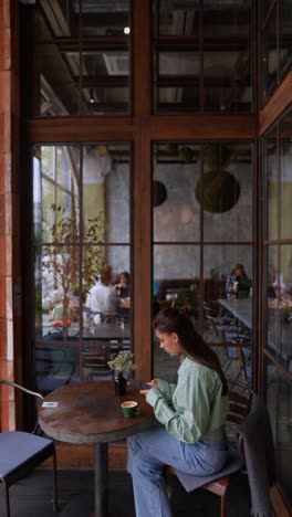 woman using phone in a cafe