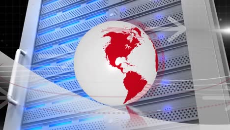 animation of globe and arrows over server room