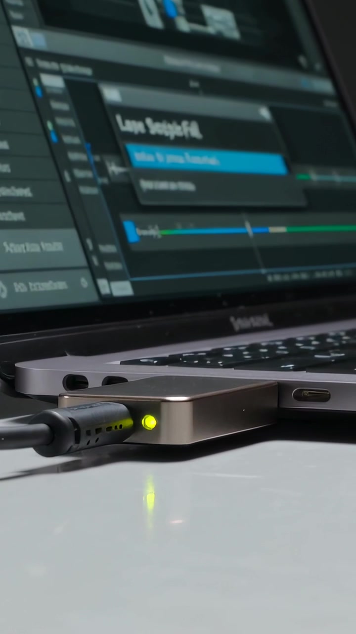 Video verticale: Mano destra che inserisce una spina in un hub USB-C per l'editing sulla scrivania, con LED acceso.