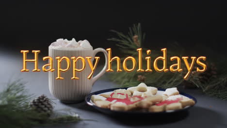 feliz vacaciones texto en naranja sobre la navidad chocolate caliente y galletas