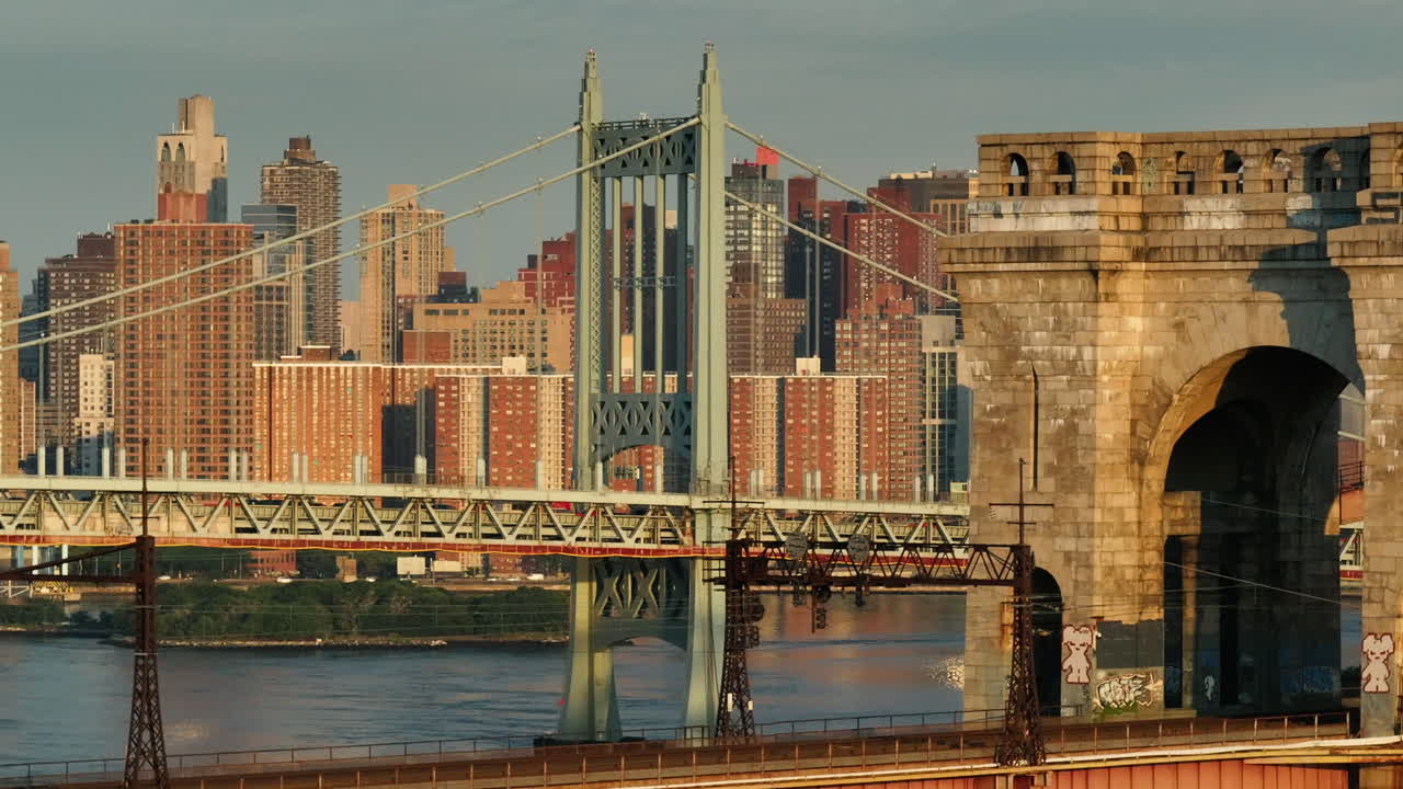 Aerial view of the Robert F. Kennedy Bridge at sunrise. Shot on a summer morning in New York City